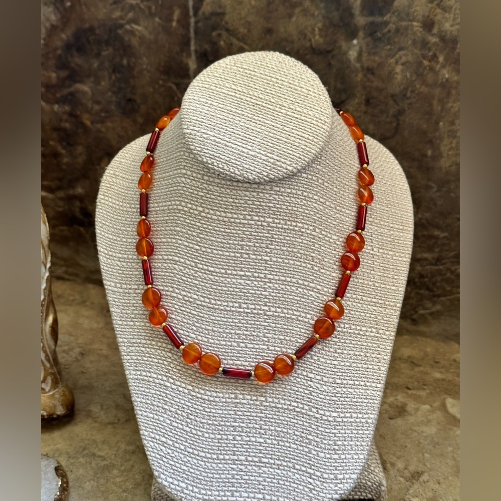 Gold Red Orange Beaded Necklace